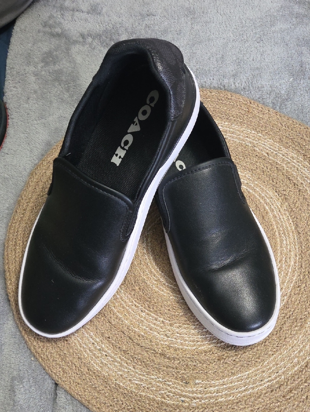 Coach Black Leather Slip-On Shoes with White Soles